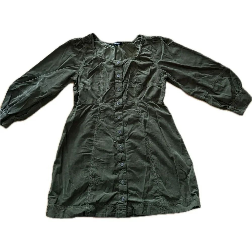 Madewell Esti Corduroy Dress Olive Green Long Sleeve 100% Cotton Women’s 16 - Picture 2 of 6